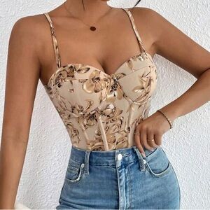 SHEIN Beige Floral Bodysuit VaVaBold Summer Print Sleeveless